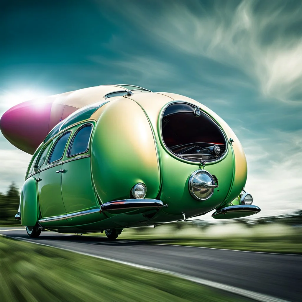 blimp vw-beetle hybrid, retrofuturistic, phototrealism, in flight, one subject,