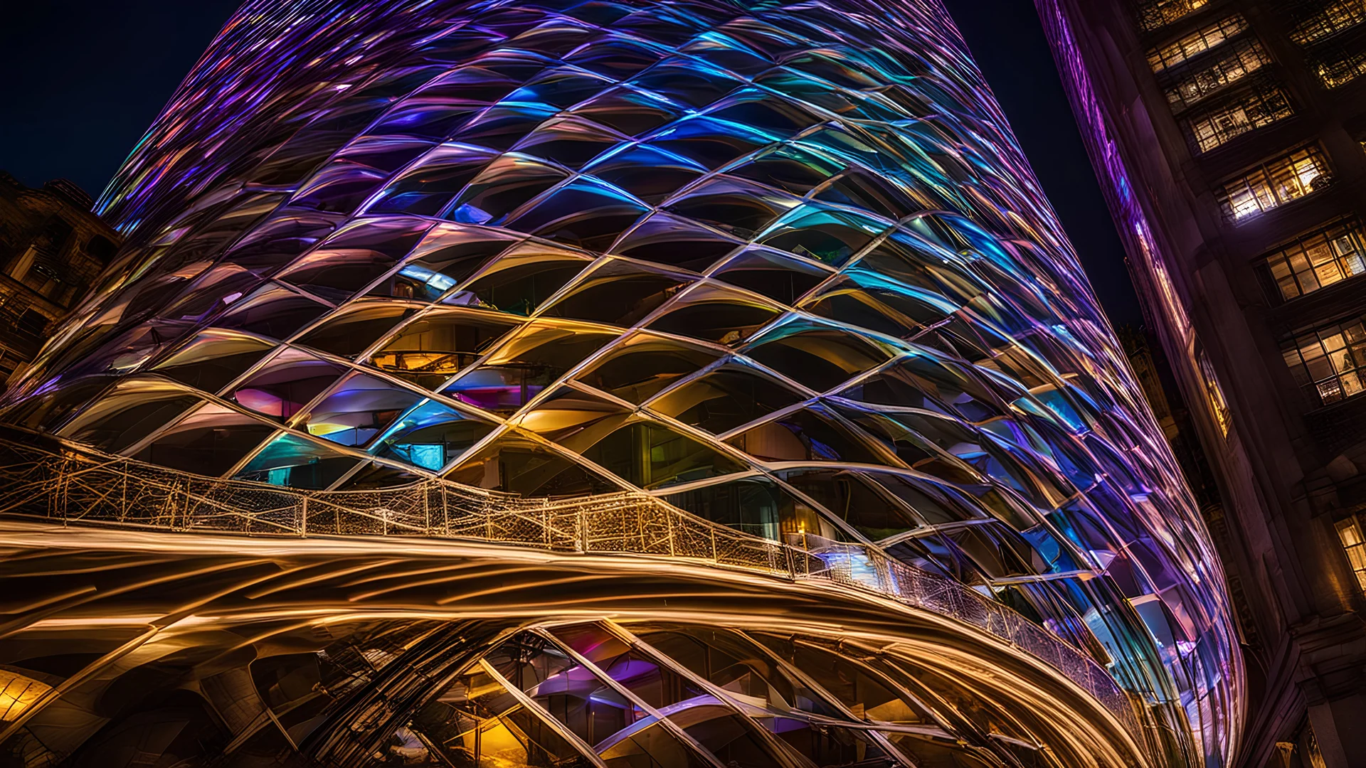 178, delightful, sensitive, confident, iridescent double helix tower, delicate, nocturnal, architecture, award-winning photograph, beautiful composition, filled with beautiful detail, delicate colour, chiaroscuro