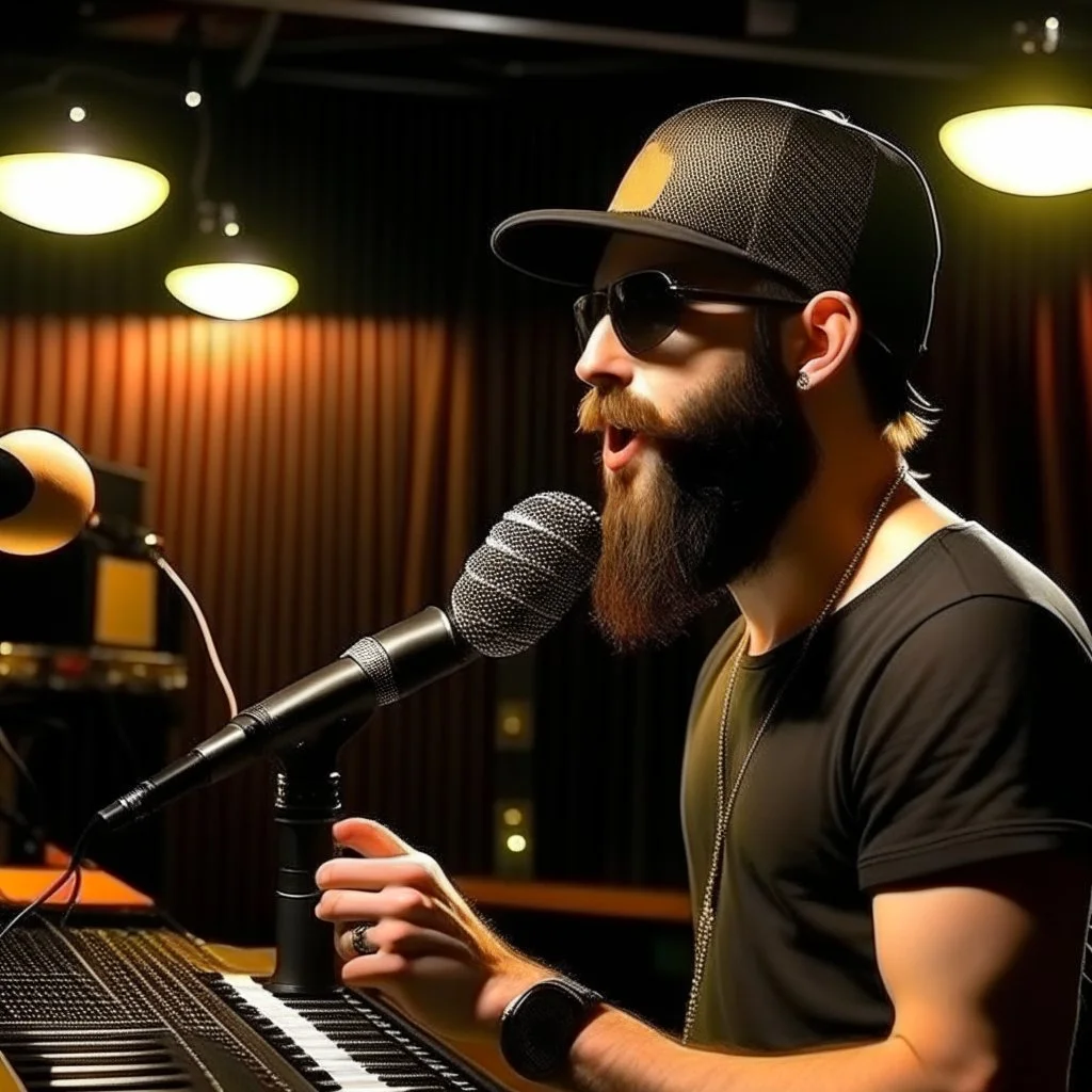 A short brown beard, DJ board,man with a baseball hat sing at microphone, on dance hall , microphones,, laser lights, FRONT VIEW