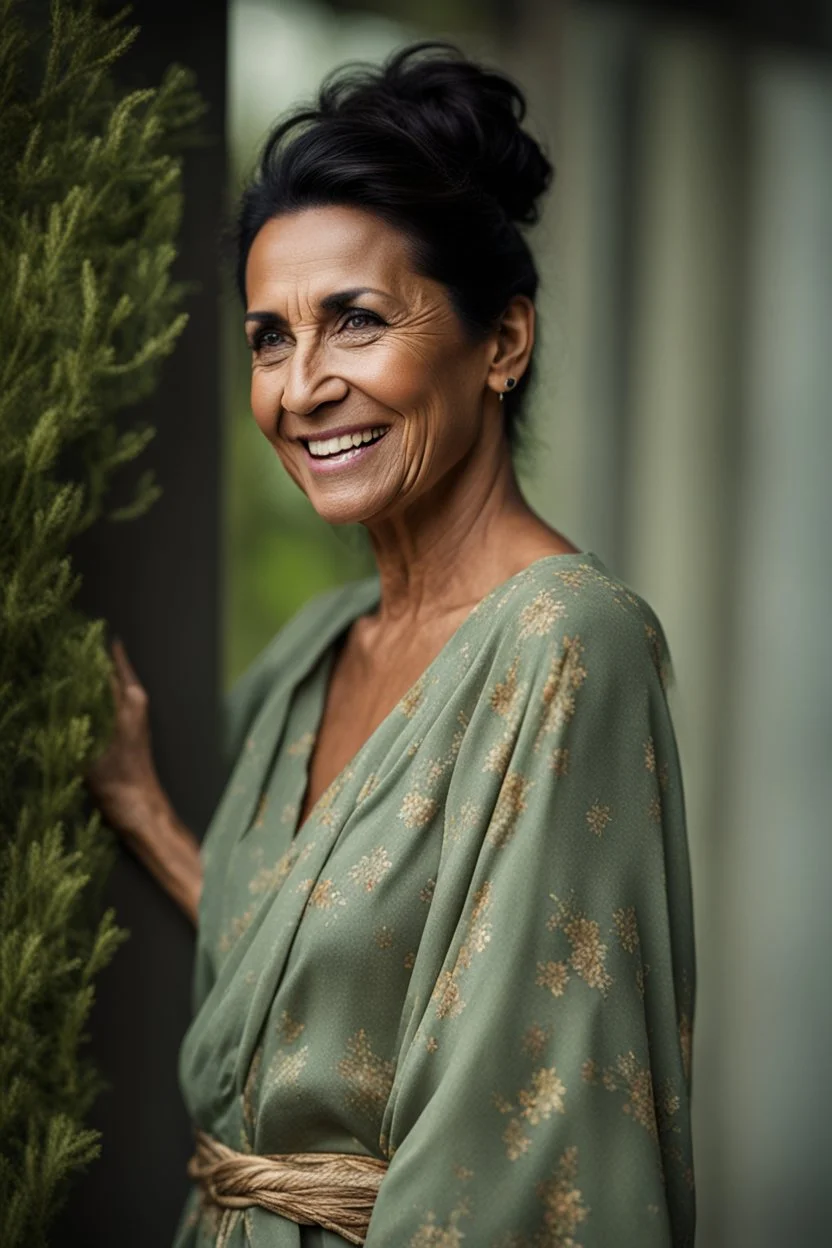 Portrait of a 50 year old Olive skinned woman, dark hair with hints of grey pinned up in a loose bun, happy expression