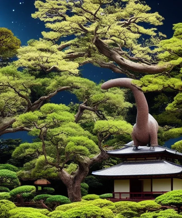 Japanese tea house with a large brontosaurus statue in outer space with a nebula backdrop and otherworldly trees