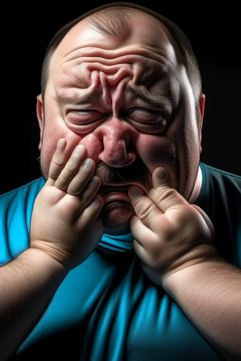 Fat man crying with a mask on