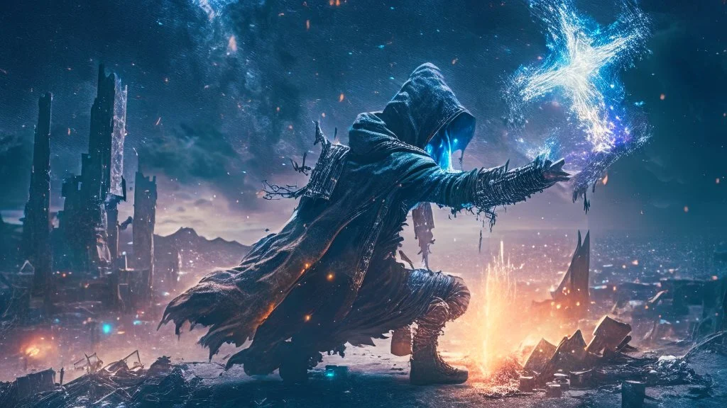 post apocalyptic space sorcerer casting spells, destroyed city, night starry sky, epic cinematic fight scene, 8k resolution, photorealistic, ultra detailed, macro photography