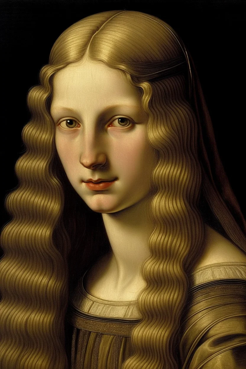 A girl in her late twenties, with slightly sharp features, long blond hair and hazel eyes, wearing a Chanel dress by Leonardo da Vinci