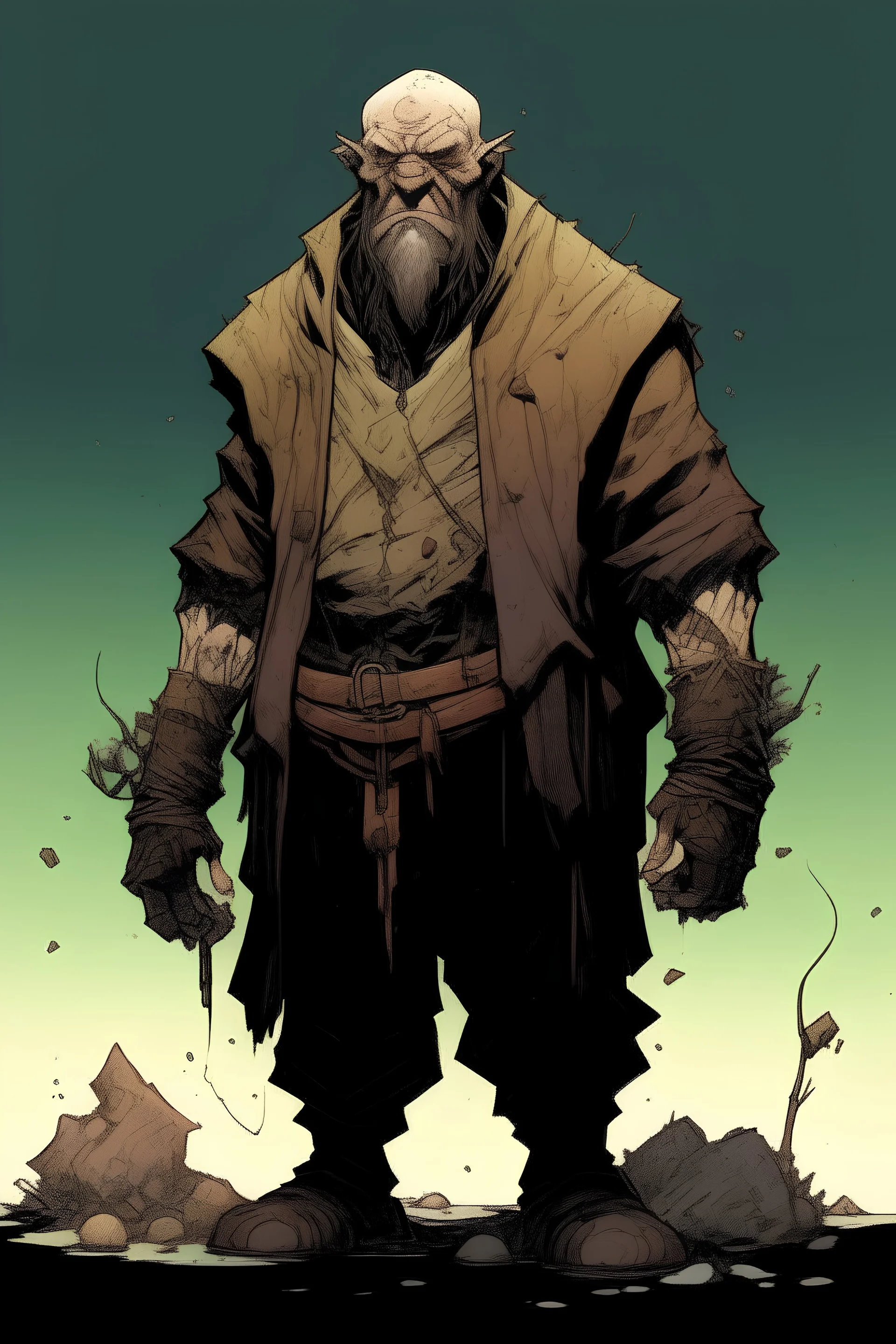 highly detailed character concept, full body illustration of a hardened, dwarf, finely defined but decayed facial features, necrotic skin, in the comic book art style of Mike Mignola, Bill Sienkiewicz and Jean Giraud Moebius, , highly detailed, grainy, gritty textures, , dramatic natural lighting