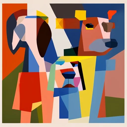 Cubist painting of humans and dogs standing next to each other in different colors and sizes, Cubist painting by Kees Maks, featured on dribble, informal art, cubism, picasso, art on instagram