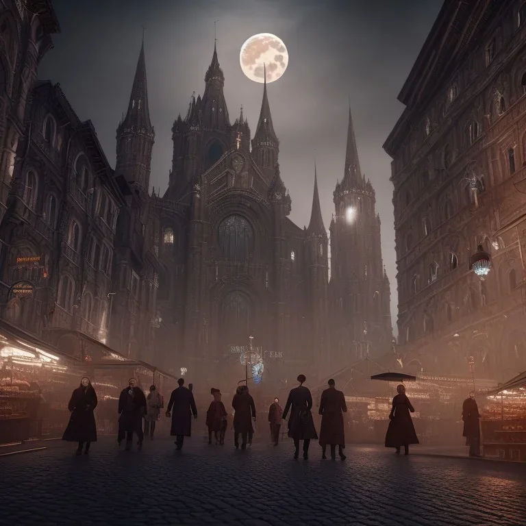 dark age city with church and people walking through the market , night , cloud in the sky , full moon , high resolution, super realistic, unreal engine, cinematic lighting,