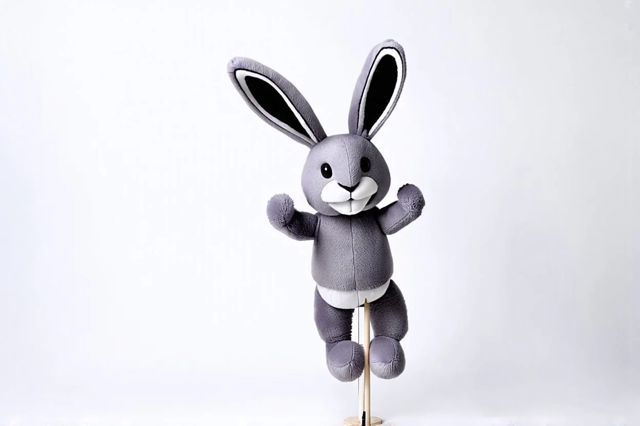 Scruffy fluffy grey puppet plush dust Bunny, holding with both hands onto a post while being blown vertically by the wind storm, extending vertically, comedic trope, on white background