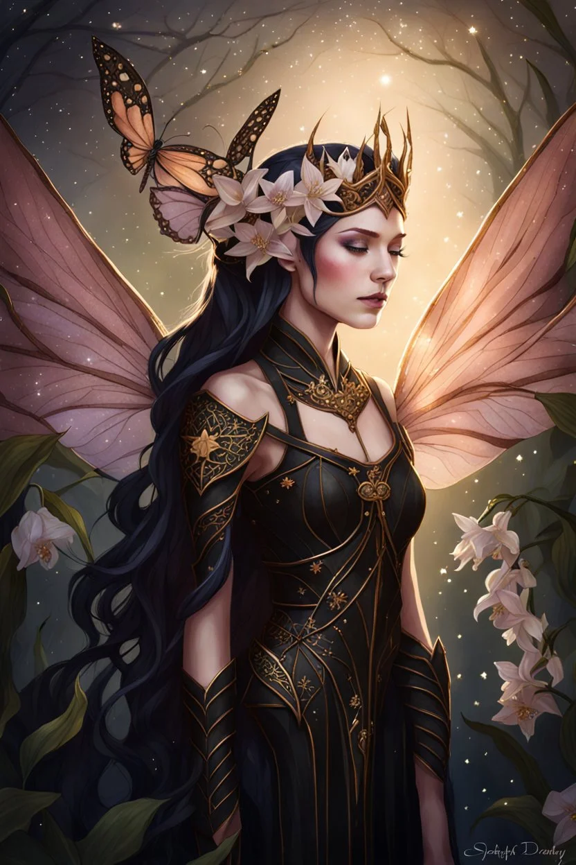 Peach hair ,Hydrangea,orchids,lilies of the valley,night,peachy hair,rapunzel hair,elven crown,dragonflies,pointed ears,elven ears,dark fairy princess,sparkle,,dark gold armour,fairy wings,,night stars