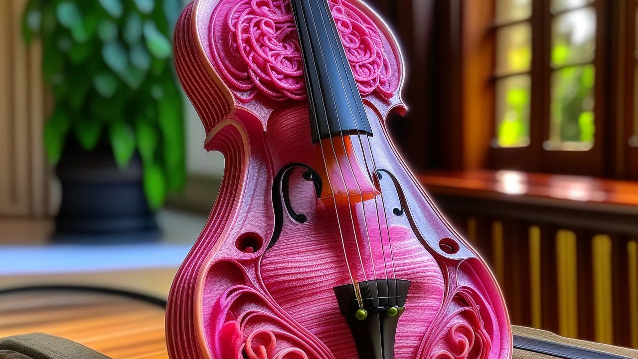 A pink magic cello designed in Navajo yarn