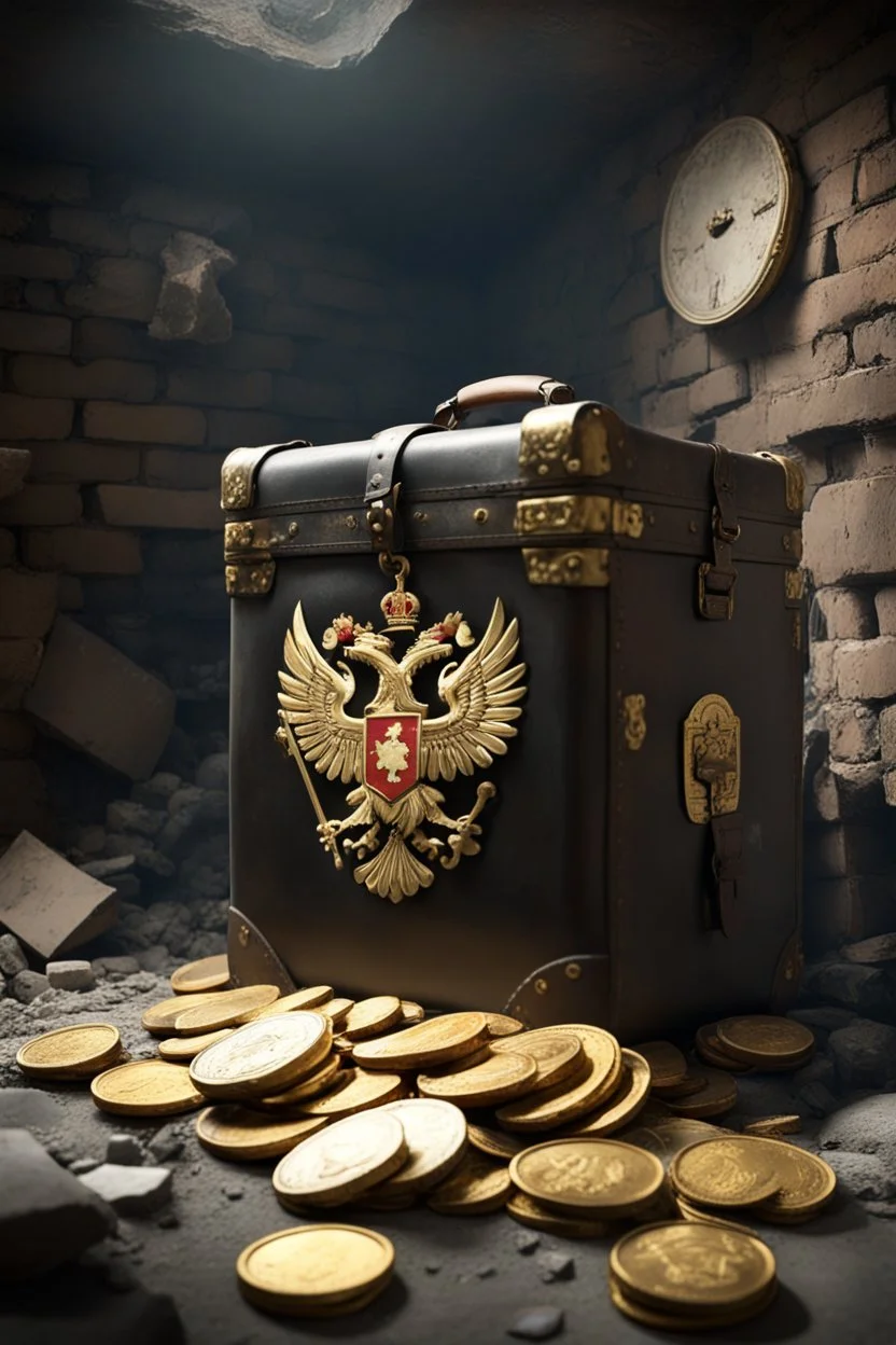 in a LARGE BASEMENT, half-buried in the earth, an ancient, worn-out, worn-out, torn-side valise peeks out, from which gold coins from the time of Catherine the Great fall out. The ancient coat of arms of Russia, the double-headed eagle, is BARELY VISIBLE on the bag. There are a lot of broken bricks and earth around the bag. All in high quality 8K