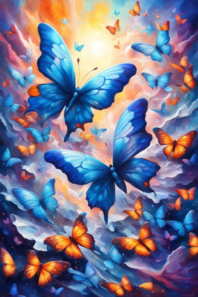 vibrant psychedelic oil painting image, airbrush, 64k, cartoon art image of background SAPPHIRE and WHITE BUTTERFLIES , futurism style