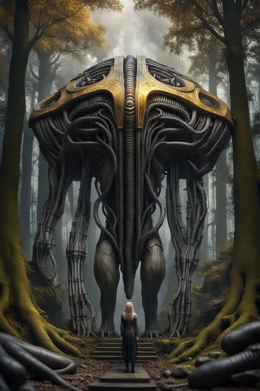 The Ark full body, full shot,forest,Sony Alpha 7 50mm 1.8,medium shot, high-resolution image with fine details, citrine, ultra detailed,ultra realistic,extremely realistic,intricate,photorealistic,epic composition,masterpiece,H.R.Giger style