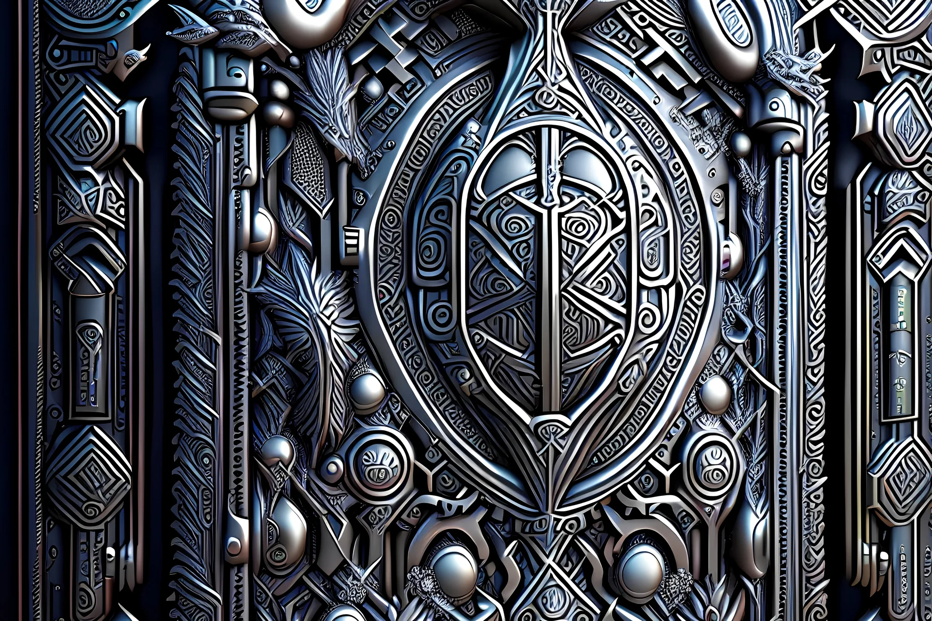 Expressively detailed and intricate 3d rendering of a hyperrealistic “metal ancient wall”: front view, shinning stainless steel, tribalism, pillar, gothic, shamanism, cosmic fractals, dystopian, dendritic, artstation: award-winning: professional portrait: atmospheric: commanding: fantastical: clarity: 16k: ultra quality: striking: brilliance: stunning colors: amazing depth: masterfully crafted.
