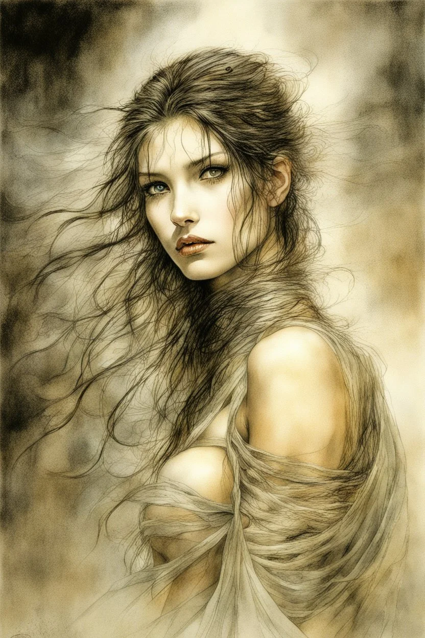 Hyper-photorealistic watercolor art style by Luis Royo, Surreal fine art etching of a figure by Luis Royo, tanned skin inscribed with the transient story of mortality, ethereal light playing with its form whispering tales of an eternal realm, eyes, black as the depths of the night, ardently pinand looking towards the endless skies, of black hair mirroring the mystery of the cosmos around, whole scene tinged with an ethereal softness from volumetric lighting, hues gr,