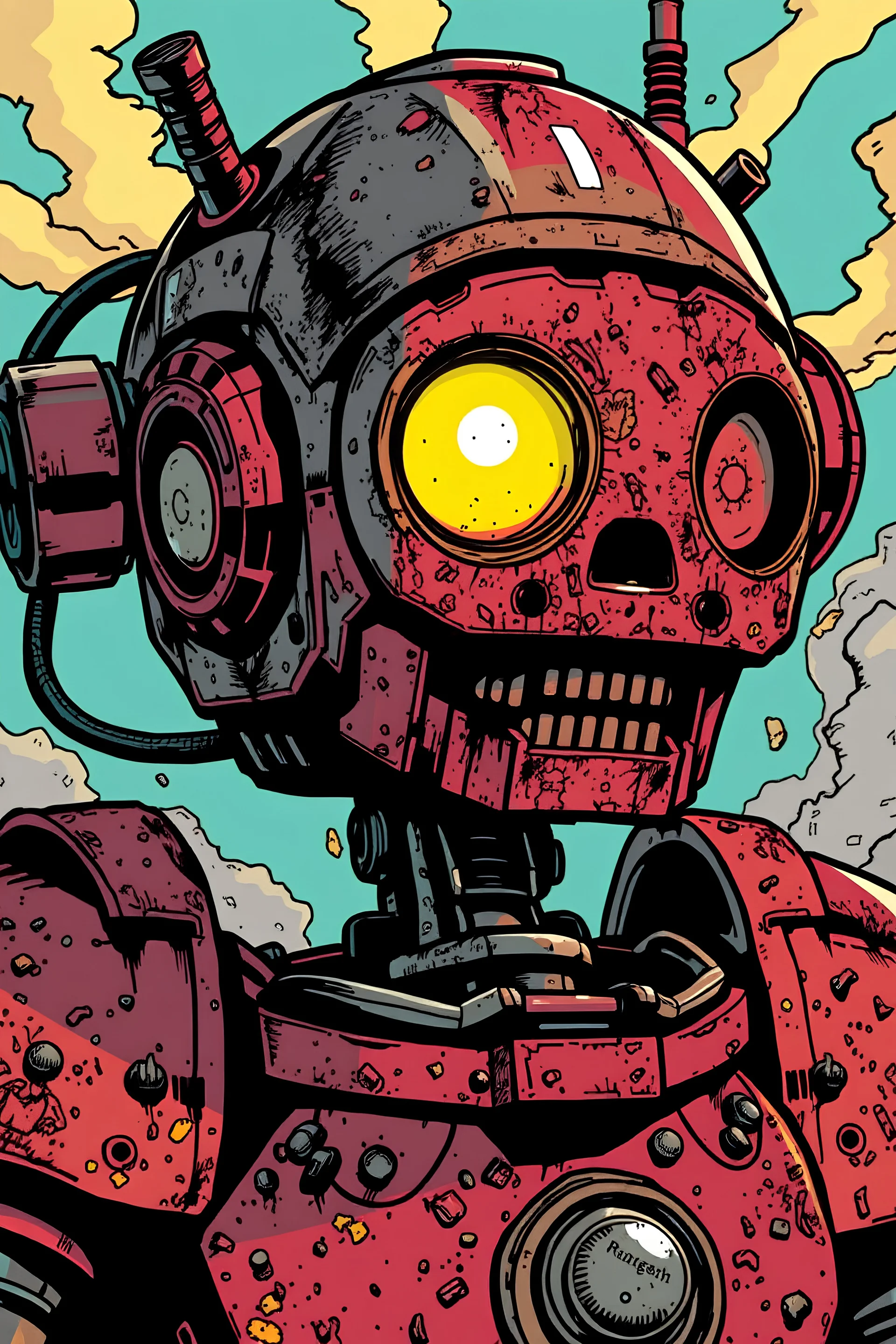 Comic book, coloured, post-apocalyptic, rusted robot, glowing yellow eye