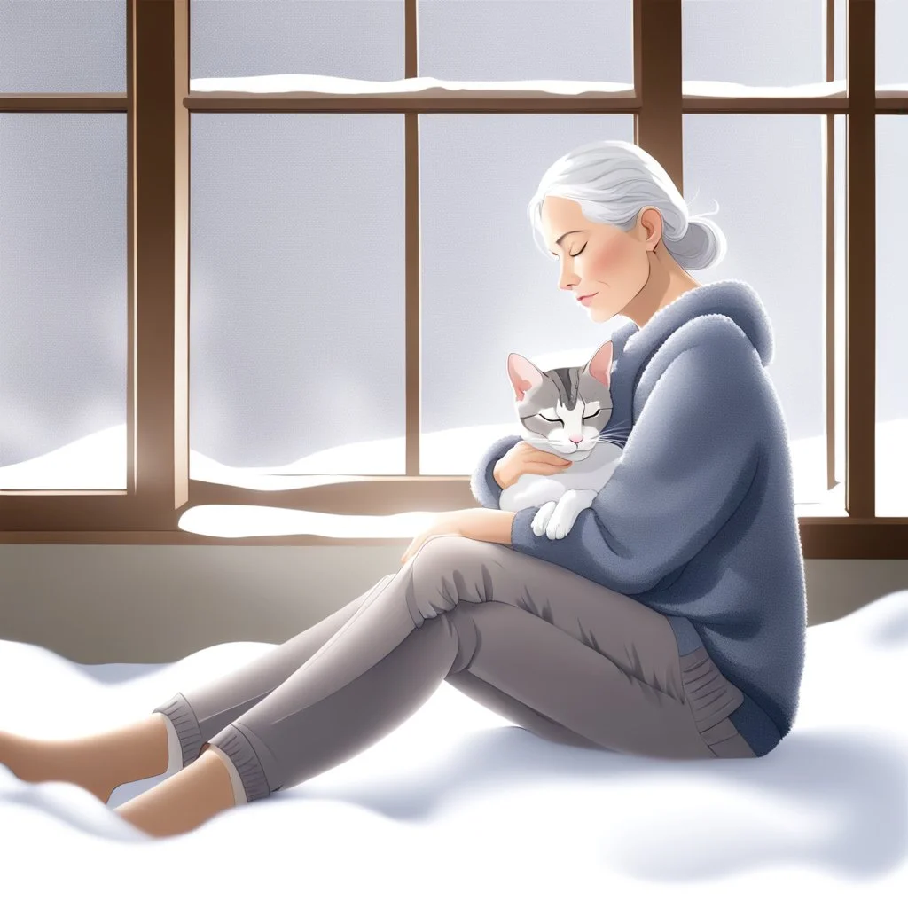 create a sleeping grey haired middle aged woman with chin length hair, sitting on a chair, in front of a window, holding her beloved gray and white tabby Oriental shorthair cat, also sleeping, in her arms. Serene peaceful calm. the snow falling outside