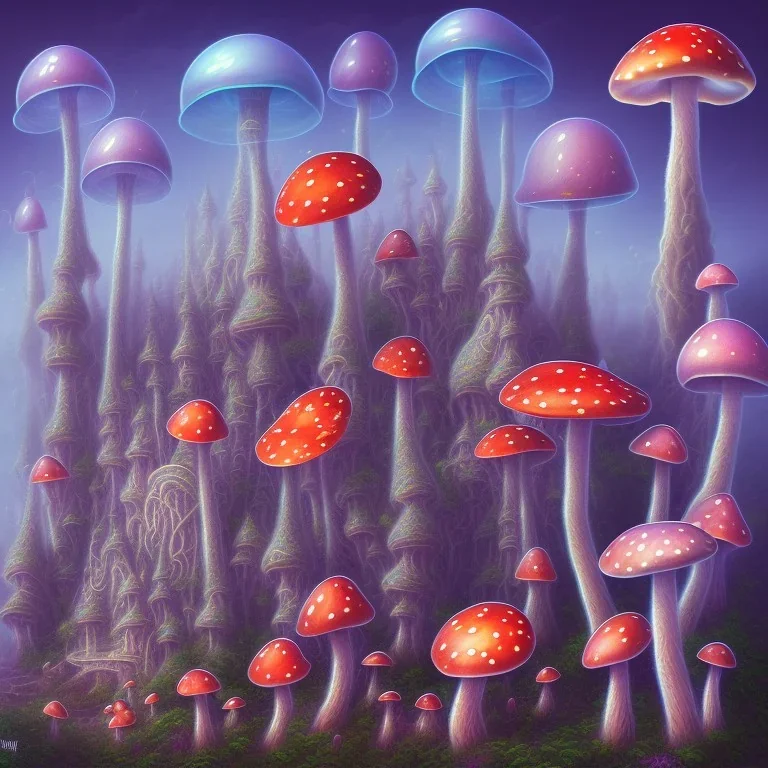 psychedelic mushrooms and flying jelly fish and antic city in the background