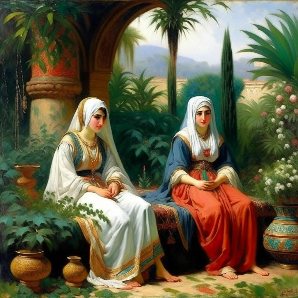 oriental arabic 2 woman sitting in a oriental garden painting