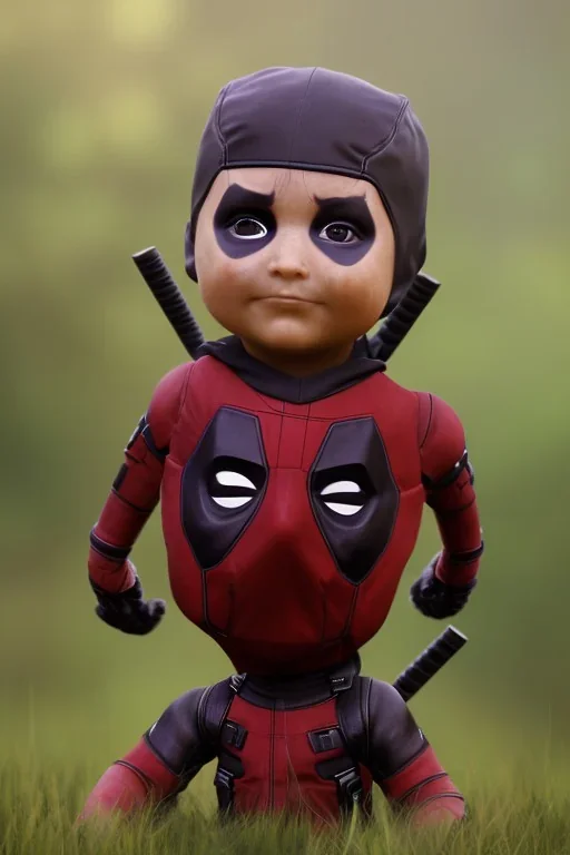 Deadpool toddler, full body, bokeh, hyper realistic