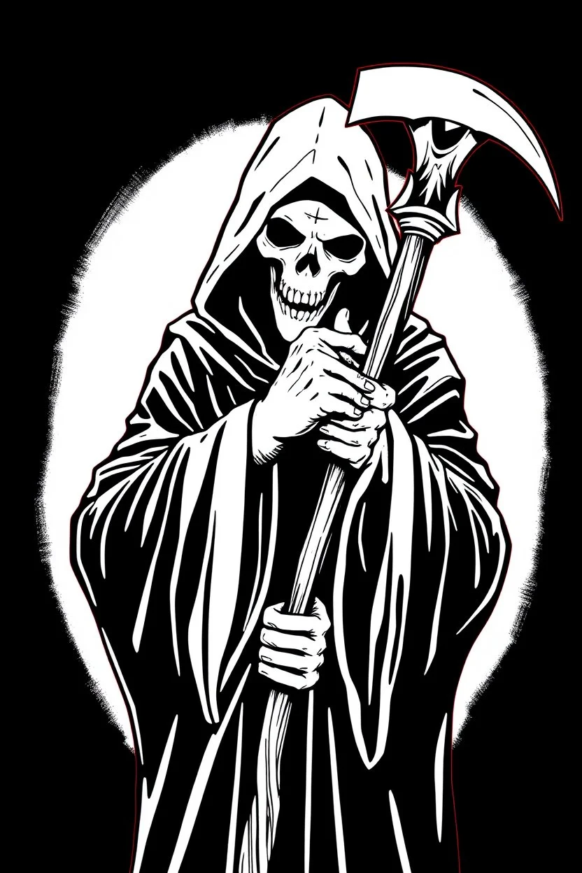 hooded Grim-Reaper gripping a staff with both hands, vignette, black and white graphic novel style with a red outline, and black background,