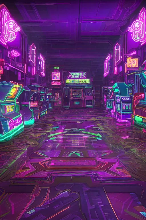 A dark photo of a full panoramic view an 80's aesthetics arcade at night, with a lot of functioning arcade machines, a vaporwave floor and some colorful tiles in between the floor. Purple aesthetics. Full panoramic view.