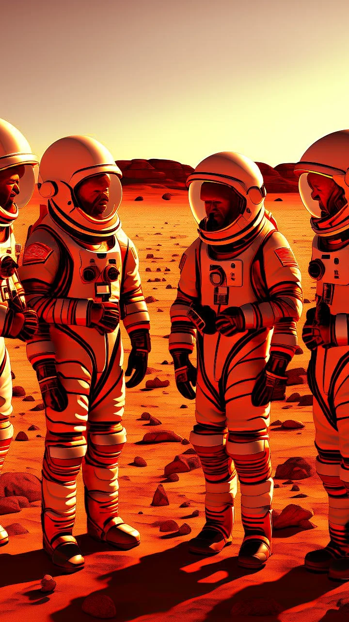 3 astronauts talking to 4 aliens on mars