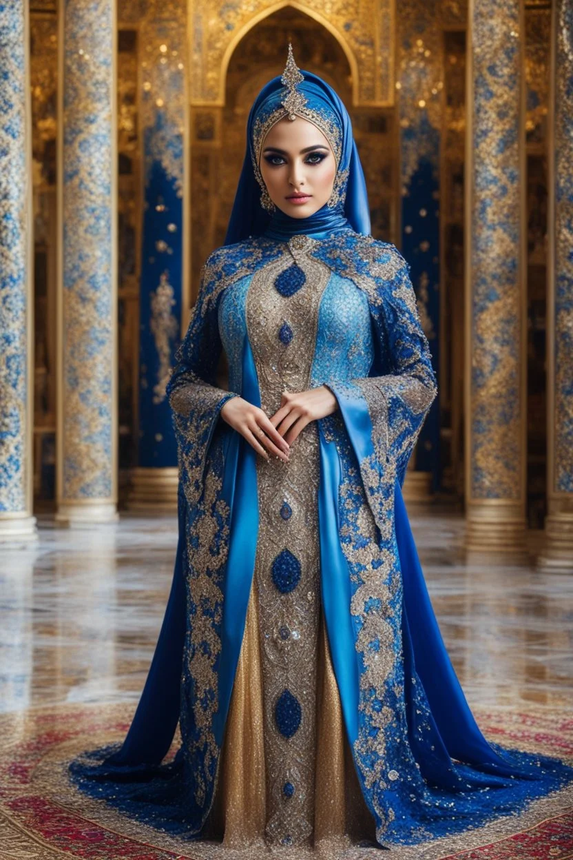 Gorgeous photography full body stand pose Beautiful super model Iranian islamic hijab dressing Luxury colors crystal diamonds sapphire,colorful art conceptual, amazing artwork,close-up portrait,luxury Royal Palace background