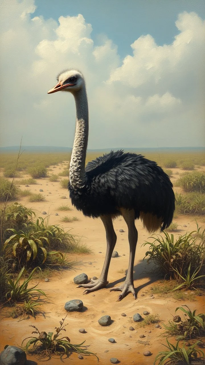 An Ostriches head buried her head in the sand show her body without a head in a forgotten battlefield overrun by vegetation, cutesy tiktok detailed oil painting, grainy, old style