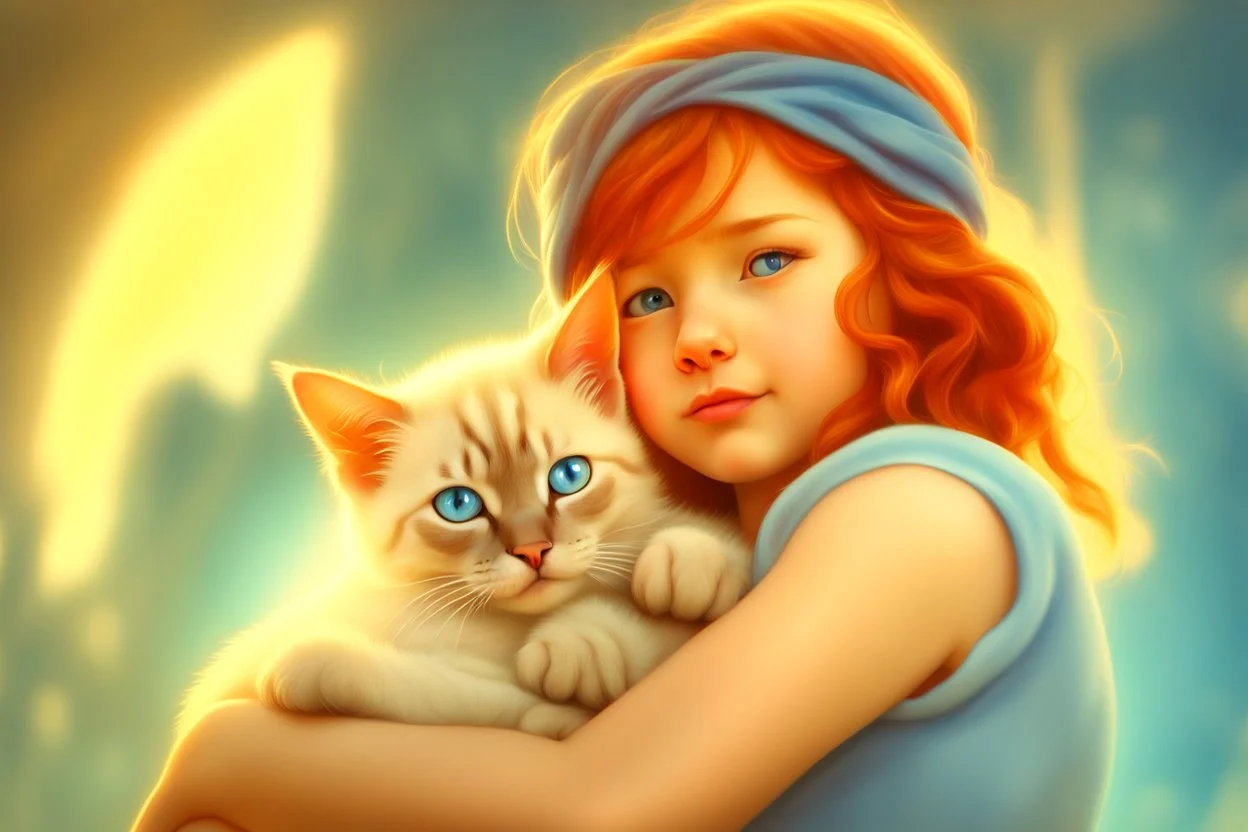 young red haired child lovingly cradles a sweet blue eyed Siamese kitten in her arms, the two of them exuding an air of peace and grace. Modifiers: Award winning photography fantasy oil on canvas photorealistic very attractive dynamic lighting fantastic view ultra detailed cinematic postprocessing VRay neon Iridescent aesthetically perfect facial features Tesselated