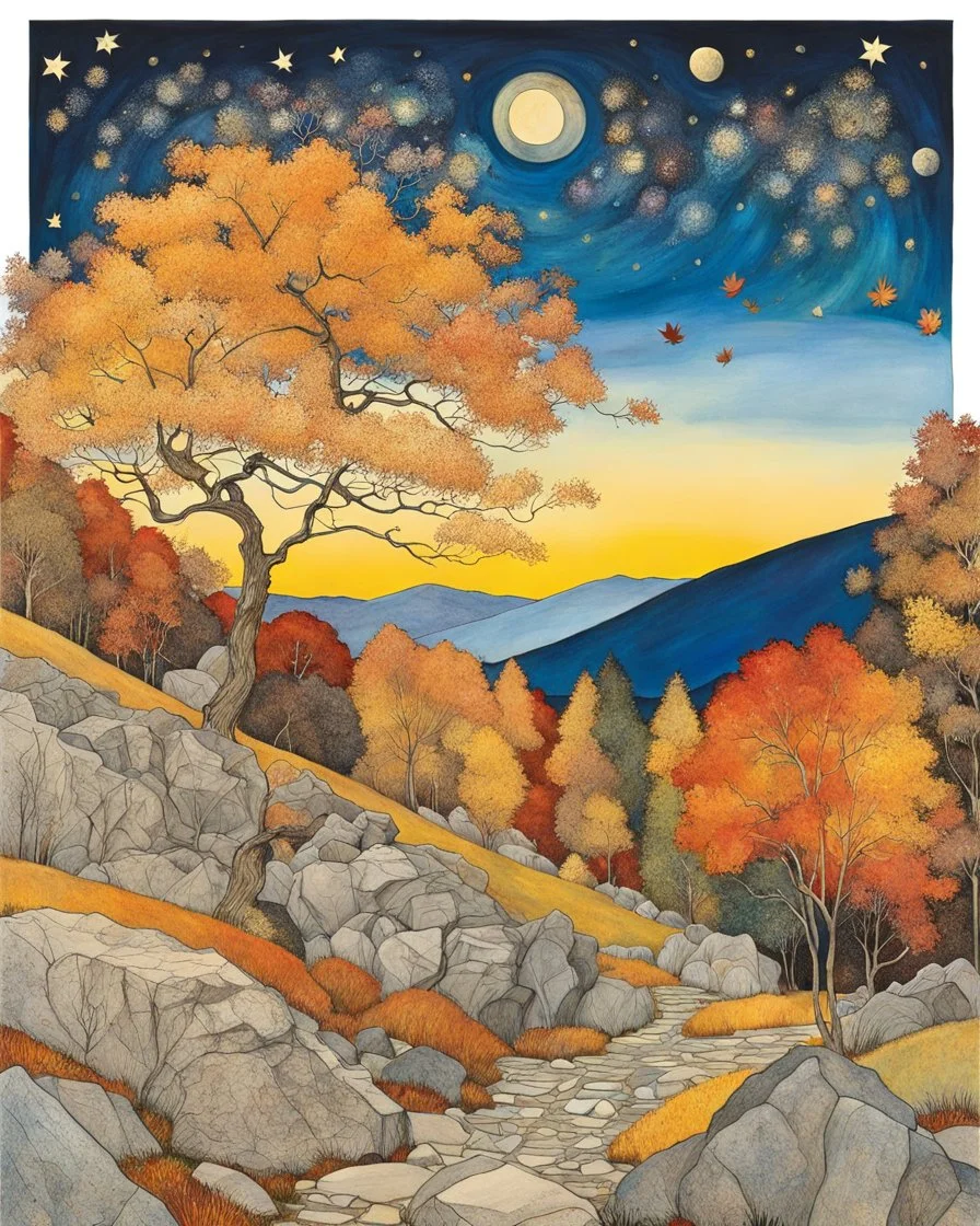 Autumn colors, peaceful, Egon Schiele, Max Ernst, night sky filled with galaxies and stars, rocks, trees, flowers, one-line drawing, sharp focus, 8k, deep 3d field, intricate, ornate, one million strokes
