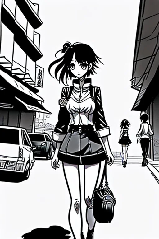 girl walk on the streets, manga style, line arts illustration