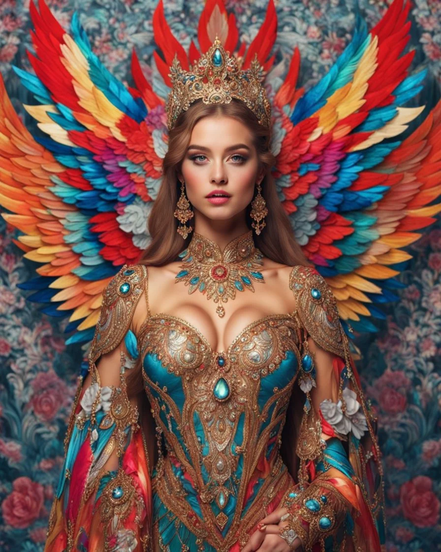 Gorgeous photography full body Beautiful super model Russian dressing Lady Angel colorful art conceptual, amazing artwork, hyper detailed, ultra maximalist quality, 12k , close-up portrait,crystal ornaments vbackground