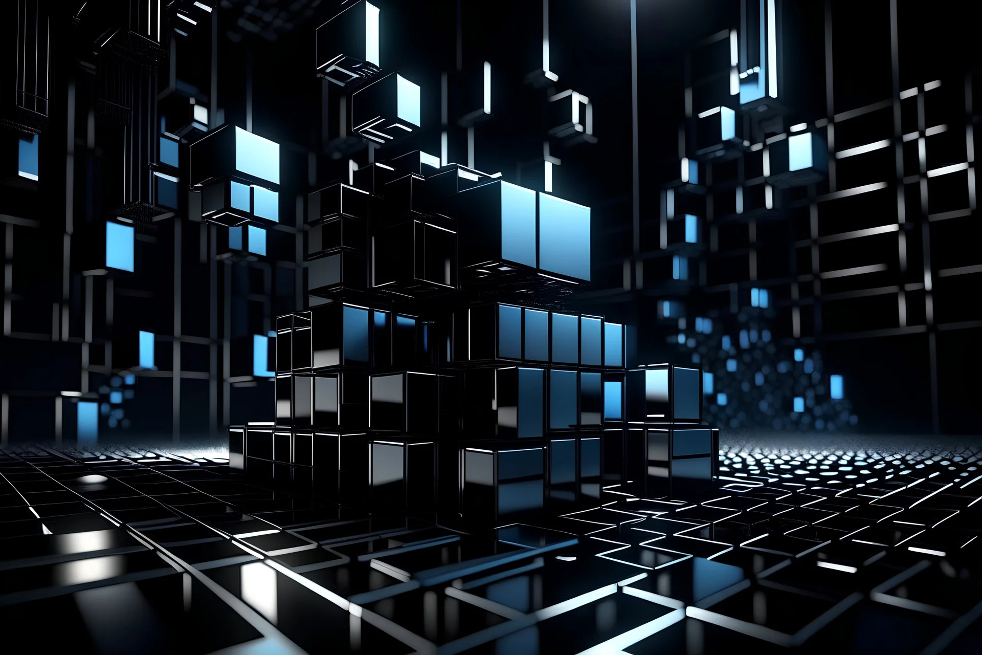 hyper crazy aluminum diorama art of the matte black cubes squares circles triangles glowing lines motion blur depth of field dark metallic colors glowing light from the left and back hyper shadows octane render