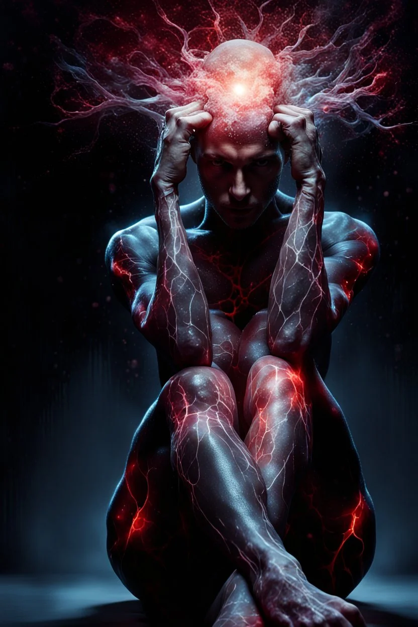 a photorealistic 12k ultra definition of a beautiful man, he is captured in a mysterious stretching pose with face slightly hidden, his full body exposed to reveal cancer cells. it grows on his skin roots and cells,,dark and mysterious lighting in background , epic, gothic photography , explosive and chaotic background, splatter paint