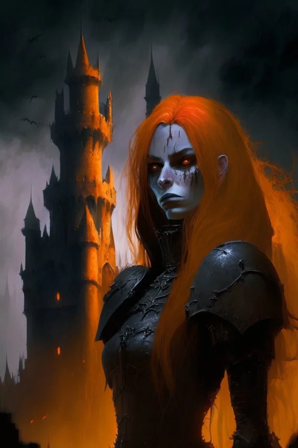 Dark Paladin, orange hair, orange eyes, standing in front of dark castle, Female, dark art