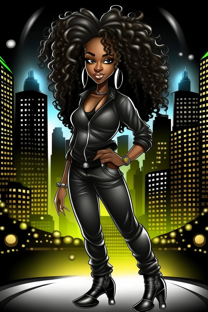 Create a digital airbrush cartoon of an African American female wearing a black jean outfit with timberland boots. Prominent make up with hazel eyes. She is wearing large diamond hoop earrings. Extremely highly detailed very long curly hair that shines. Background of a night club.