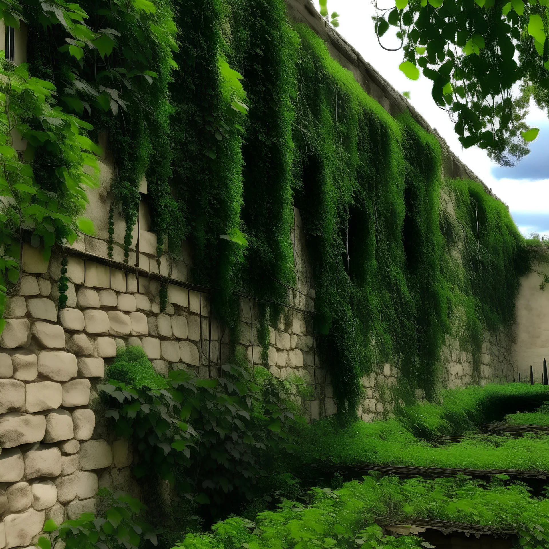 un muro de grandes dimensiones, medieval, con plantas colgantes, enredaderas y árboles. Boceto a pluma, blanco y negro. HD