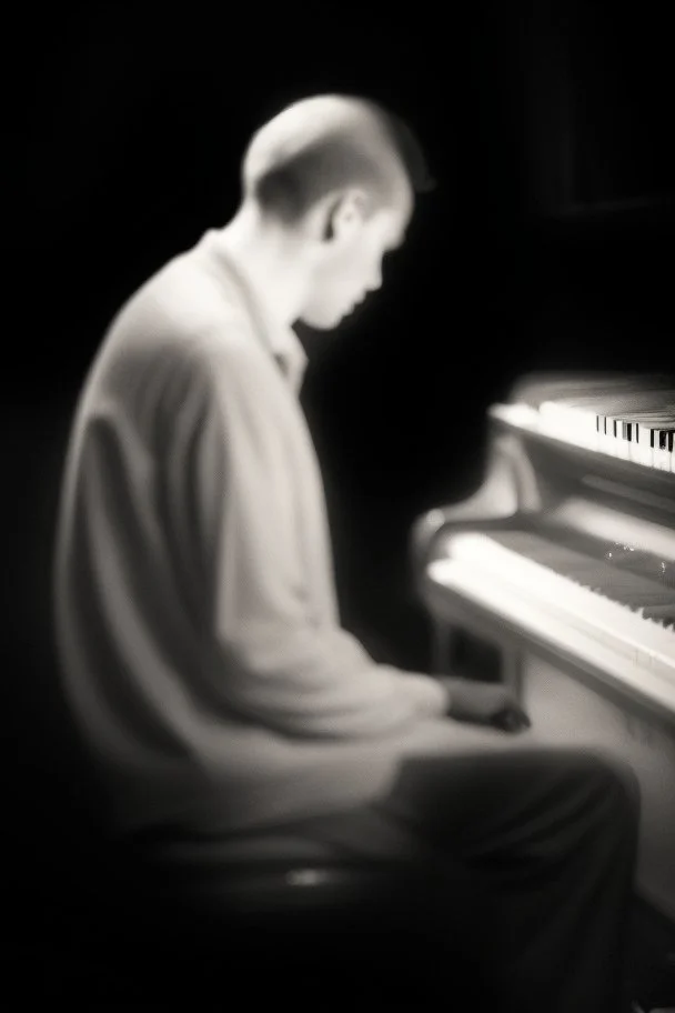 Hombre, pianista, tocando el piano, mirando hacia su derecha, fuertemente iluminado desde, blanco y negro vaporoso, al estilo del fotógrafo Hugo Alonso
