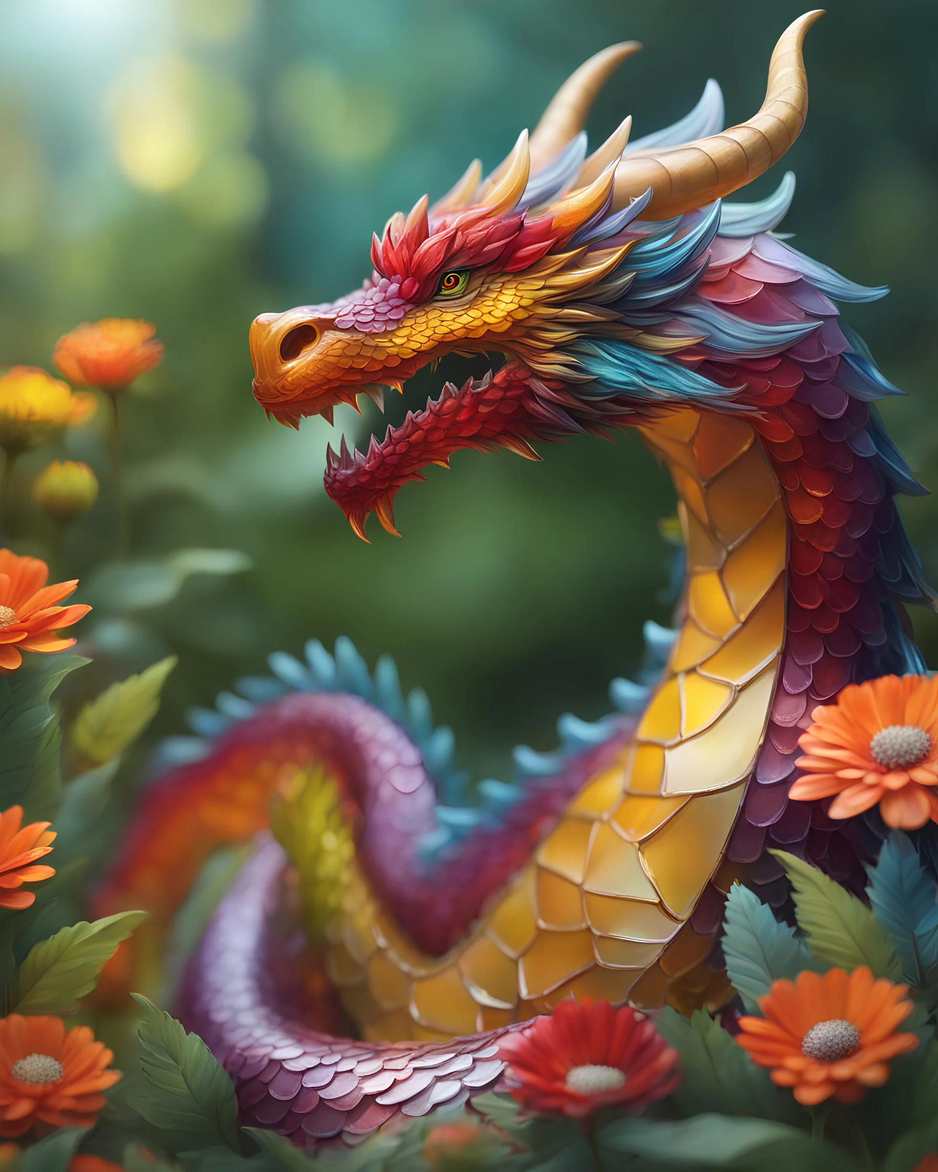 llustration of a dragon made of glass, full body shot, vivid color, depth of field, bright forest of colorful flowers