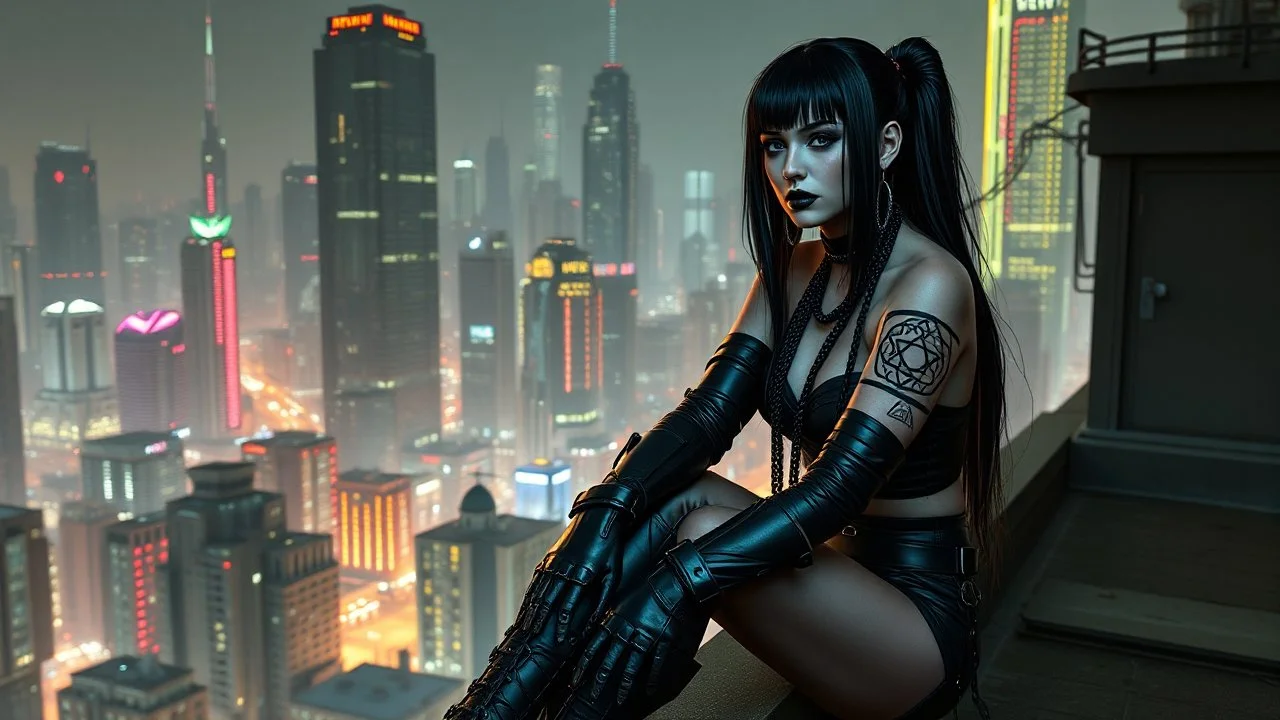 cyber-goth warrior woman in black lips, black cyber-goth clothes sitting on rooftop in matrix city, utopistic scifi, dark colors, random matrix city background, high detailed, high realistic