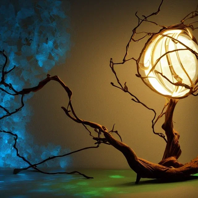 a gorgeous, stunning table lamp made of twisted, gnarled wood with illuminated globe of light hanging off one branch, blue-green biosphere, lamp cord, 8k resolution, high-quality, fine-detail, photorealistic, intricate, digital art, detailed matte, volumetric lighting, illustration, 3D octane render, brian froud, howard lyon, George Grie, Ben Goossens