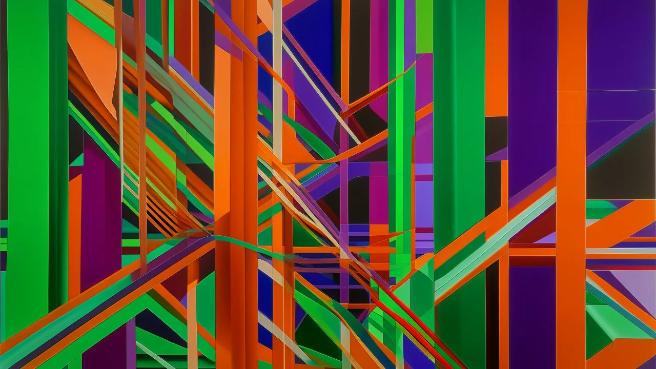 Abstract composition with intertwining green tubes, orange lines, and geometric shapes against a pink and purple background