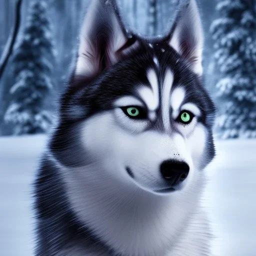 Husky, forest, snow, ice, mountain, 8K, cinematic lighting, sharp focus, masterpiece, expert