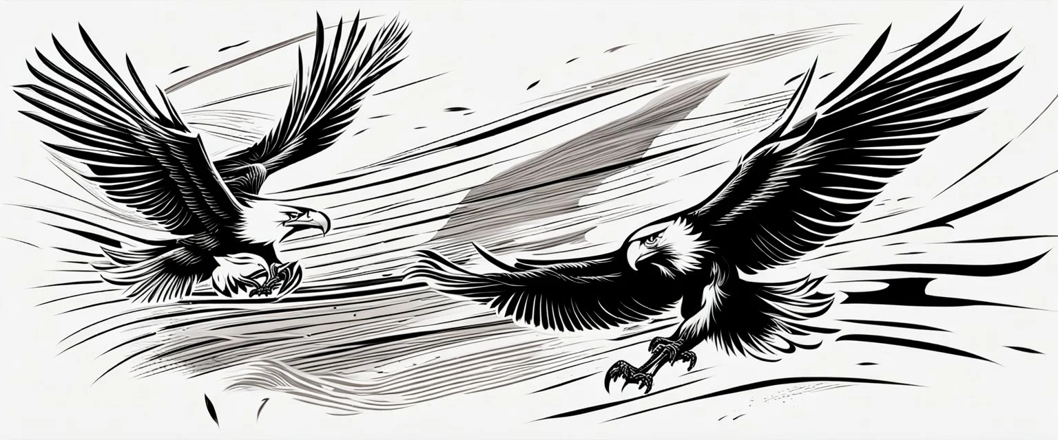 energetic lines blowing across the composition, eagle chasing smaller birds only on the right, a few feathers trailed behind, vector black on white