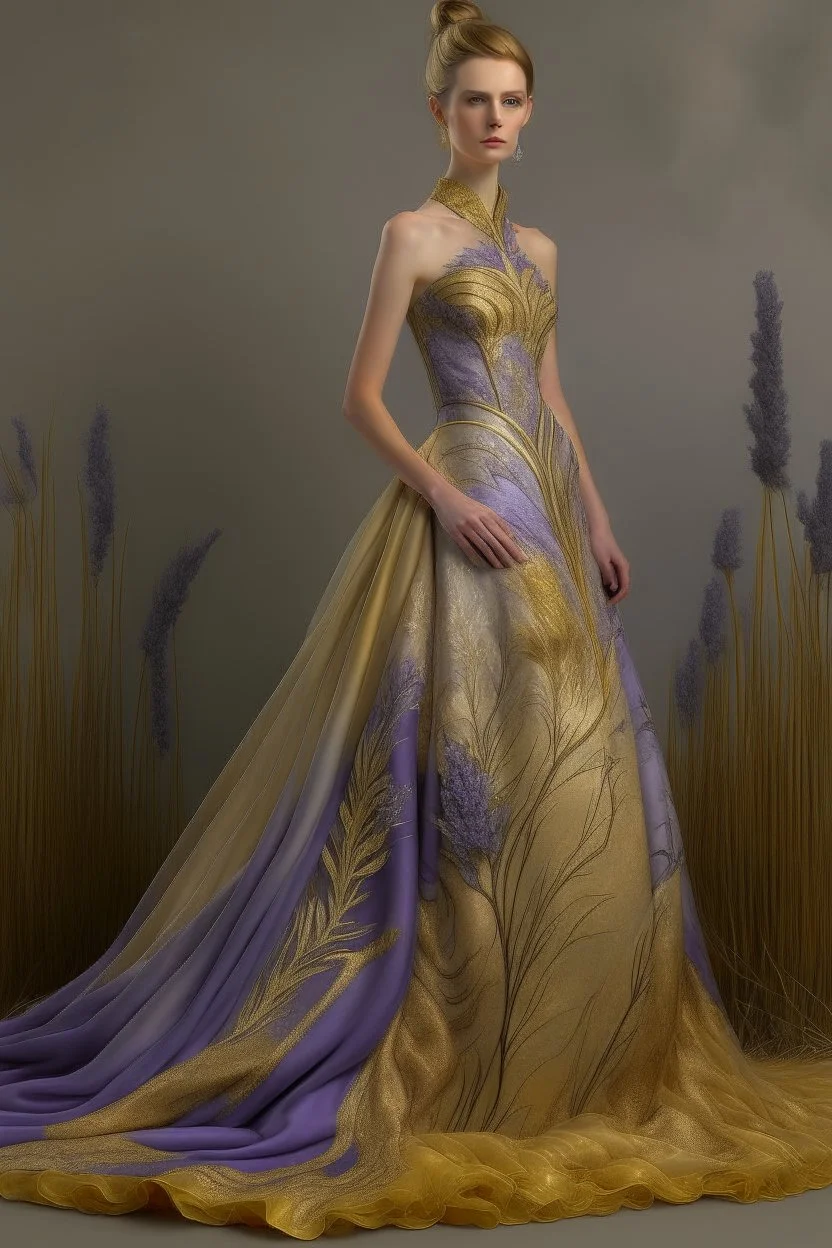 Stunning utopian gown with lavender and gold. Hyper realistic standing model