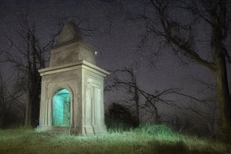 Creepy mausoleum at night, trees