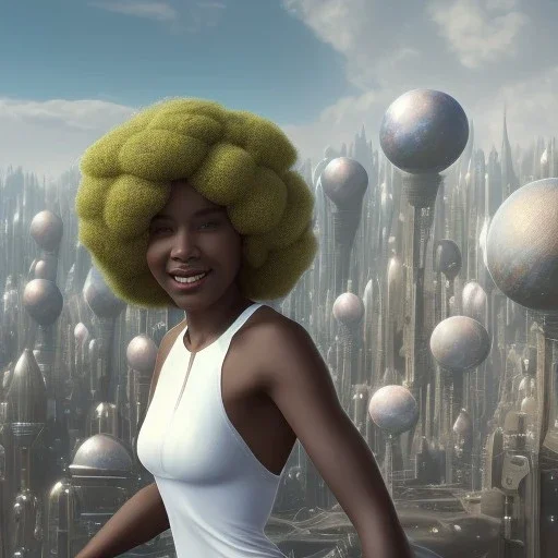 Ultra realistic photo. volumetric lighting , scientist. Young black woman, young, big smile. Joy. smiling. Afro futurism. Afro puffs. Blue hair. Ombré hair Cotton candy. Futuristic cities in background. Space. Space travel. Silver. Cities