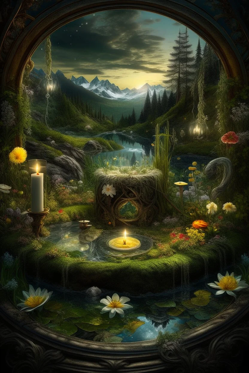 Hyperrealism against the background of a spring landscape in the forest +mirror with a tsunami whirlpool +mountains +ritual +candles+dried flowers+wildflowers+moss++decoupage of flowers+embroidery technique+braided beads+vine+moonlit night,fabulous landscape,surrealism,realism,naturalism,dot technique,microdetalization,high detail objects,digital illustration,volumetric clarity,dark fantasy,dark botanical, professional photo