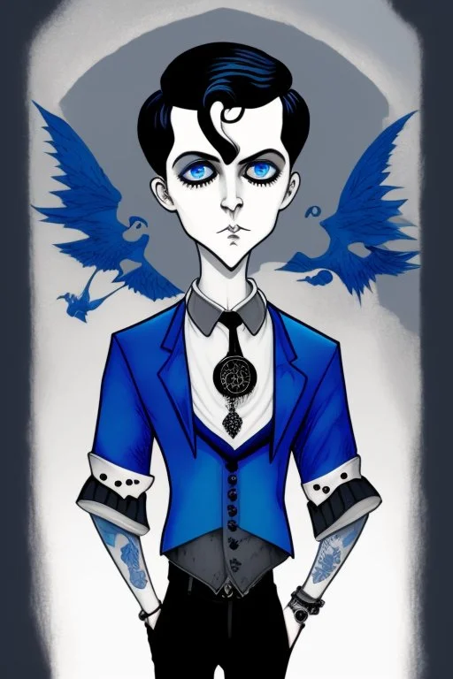 black haired blue eyed young man necromancer with gothic jewelry in the style of charles addams